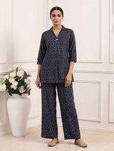 Blue silk Bandhej printed palazzo co ord set with V-neckline