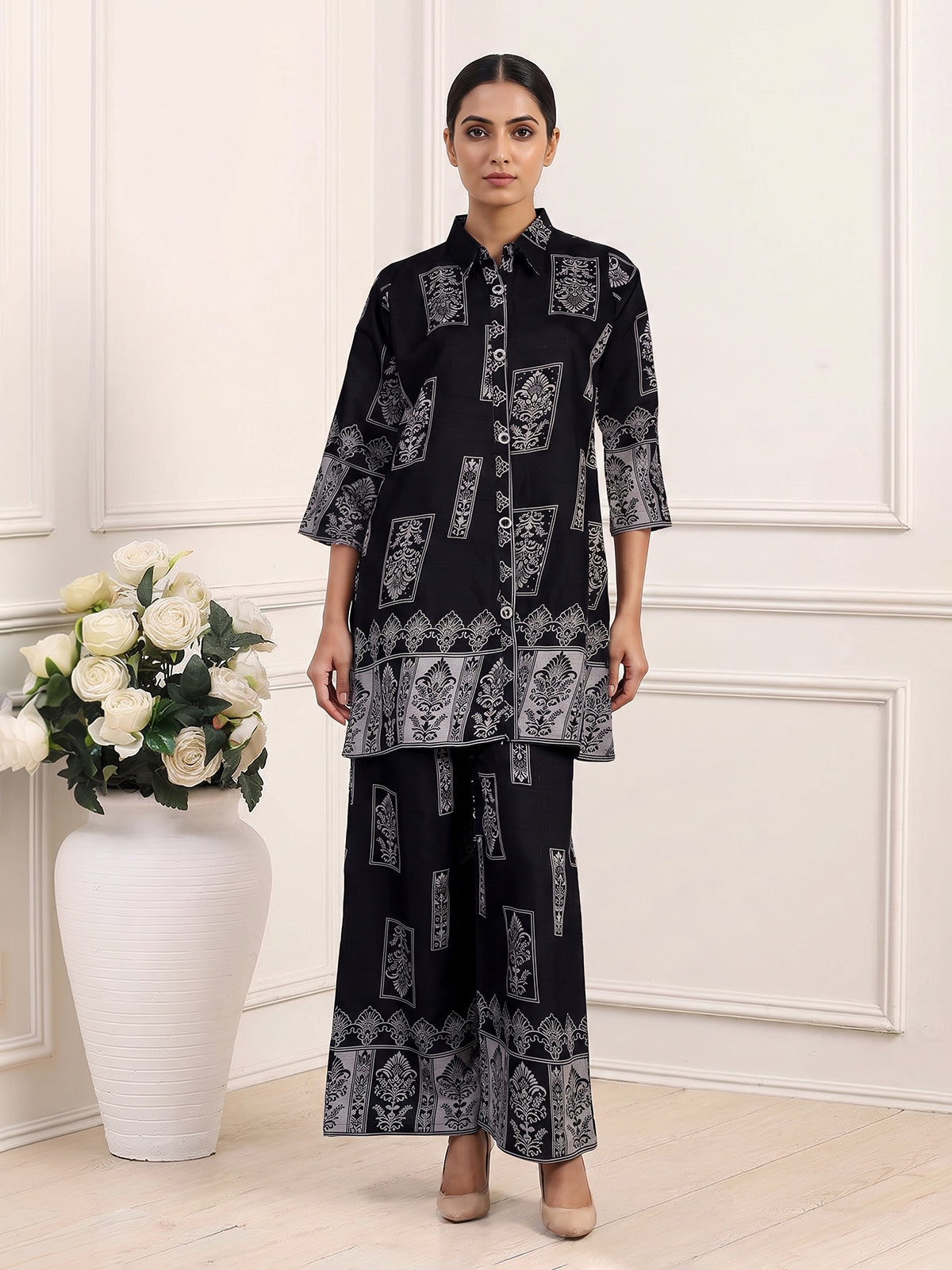 Black silk printed palazzo co ord set with elegant beadwork