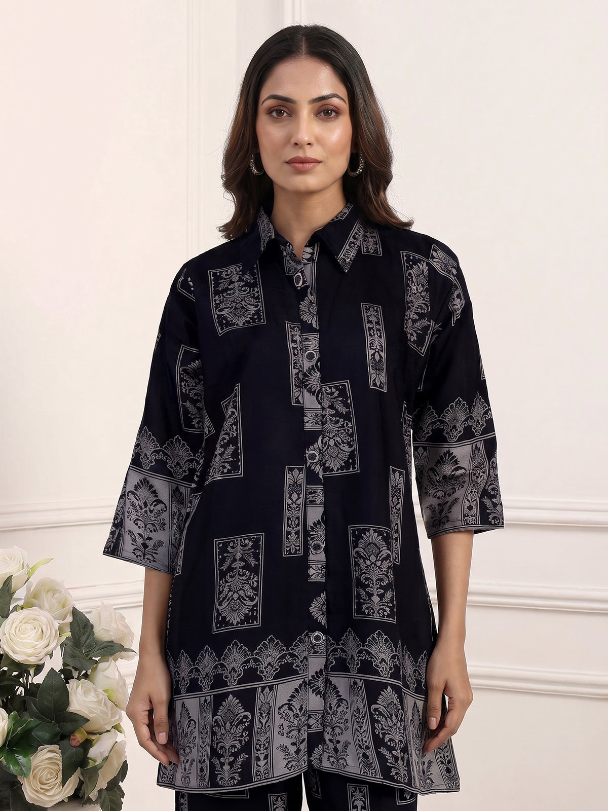 Navy silk printed palazzo co ord set with delicate beadwork