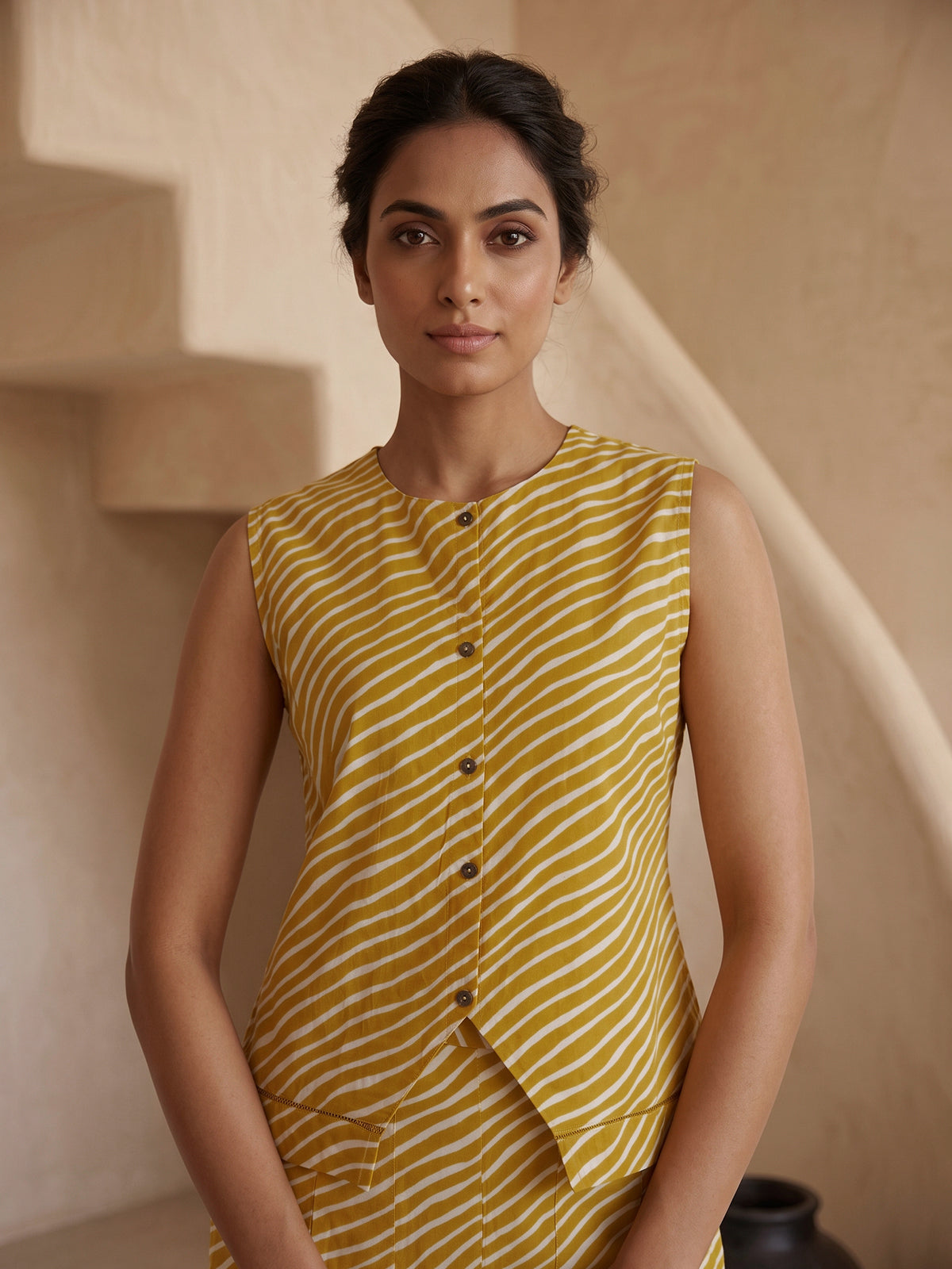Yellow crepe silk printed sleeveless palazzo co ord set