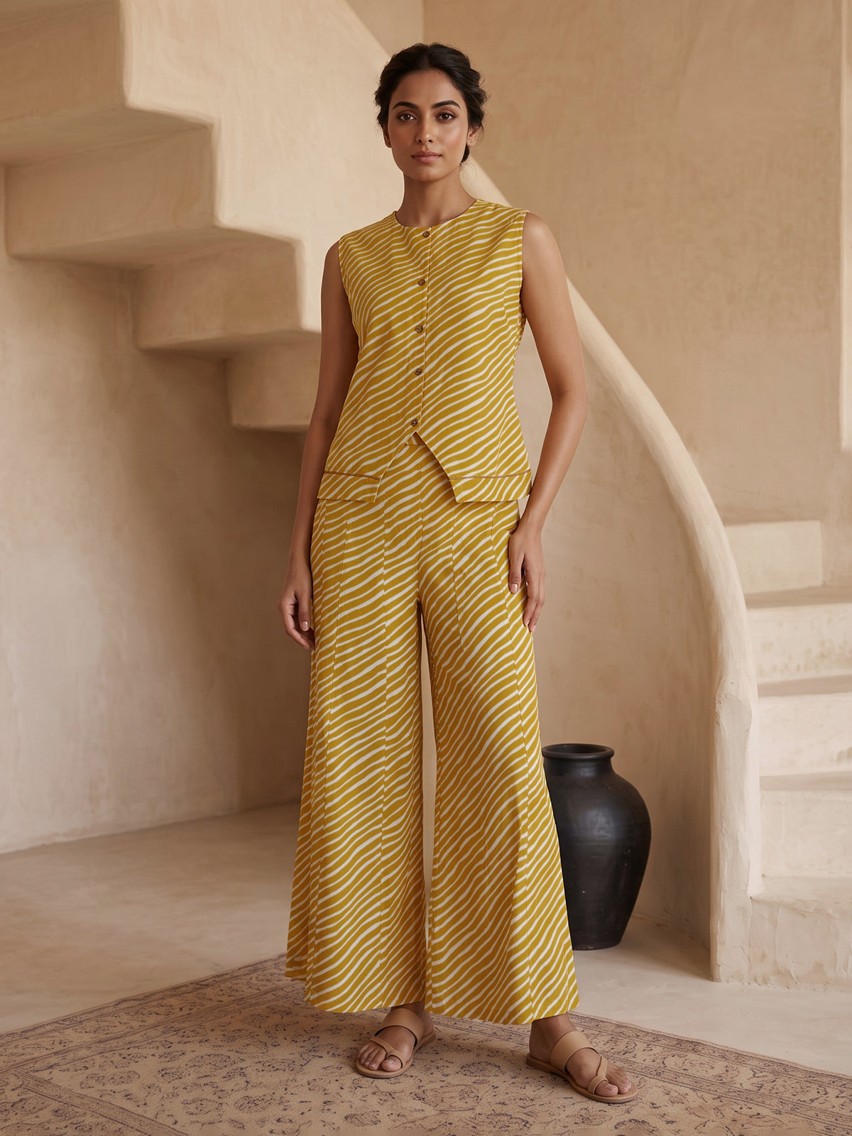 Yellow crepe silk printed sleeveless palazzo co ord set