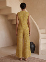 Yellow crepe silk printed sleeveless palazzo co ord set