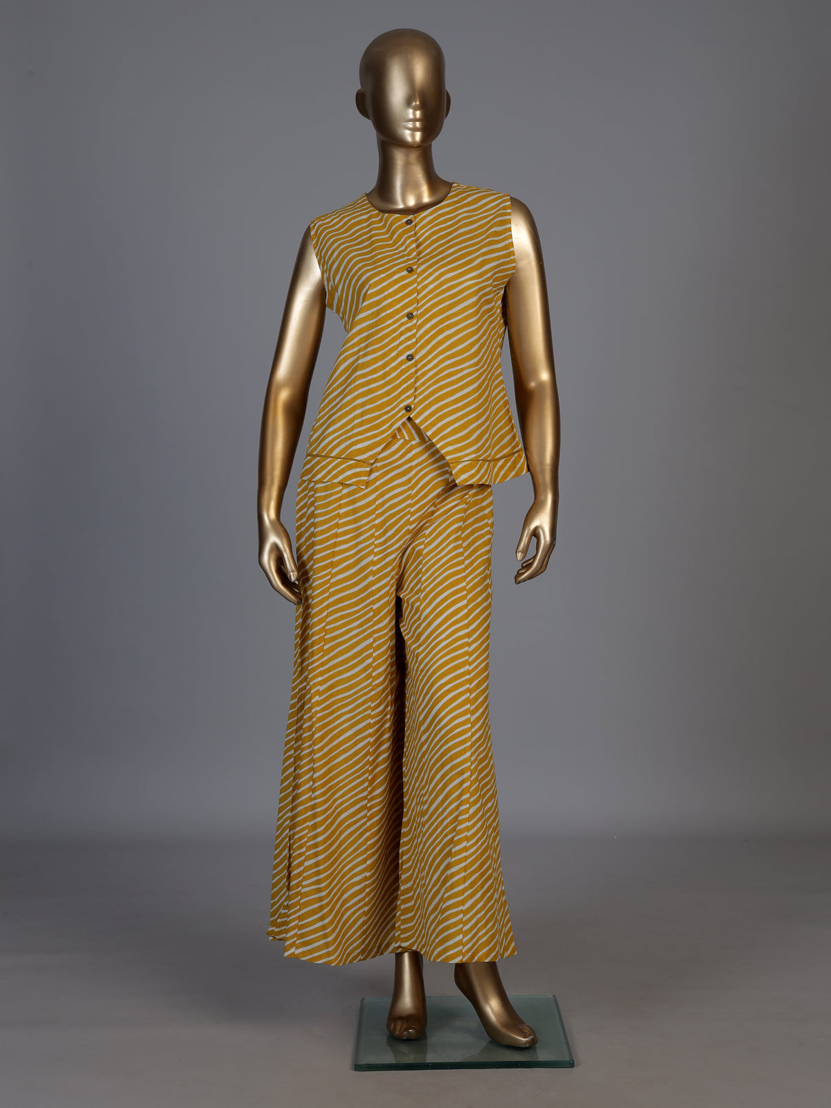 Yellow crepe silk printed sleeveless palazzo co ord set