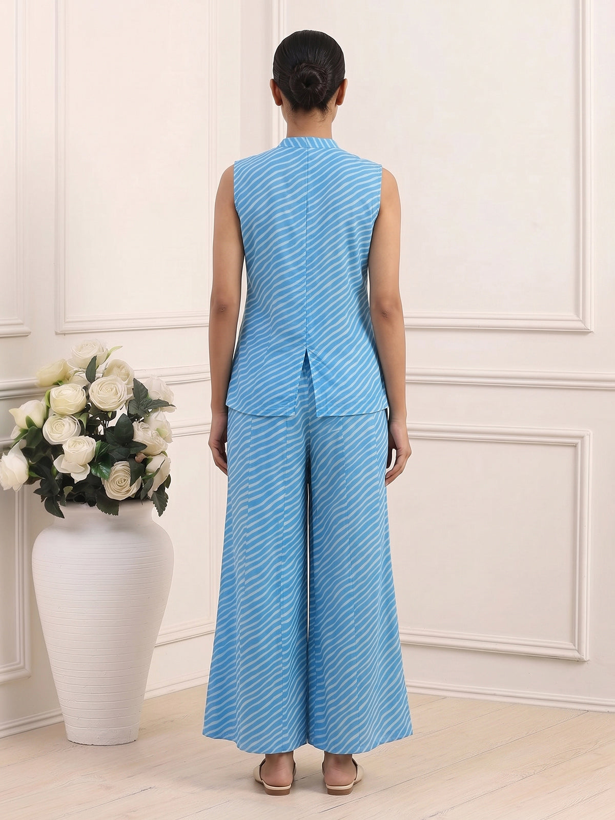 Sky blue crepe silk printed sleeveless palazzo co ord set