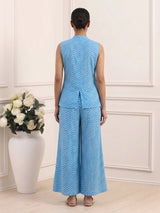 Sky blue crepe silk printed sleeveless palazzo co ord set