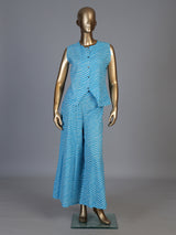 Sky blue crepe silk printed sleeveless palazzo co ord set