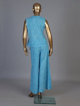 Sky blue crepe silk printed sleeveless palazzo co ord set