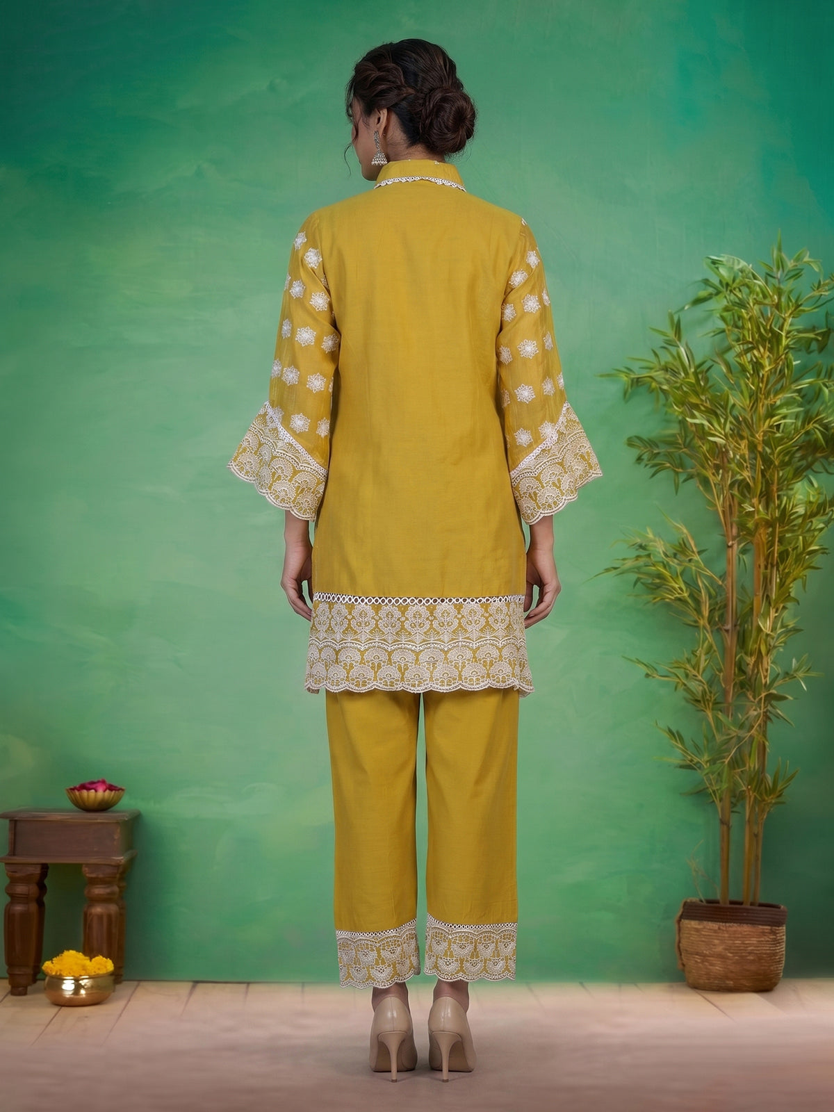 Mustard yellow tissue co ord set with refined Lucknowi work