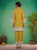 Mustard yellow tissue co ord set with refined Lucknowi work