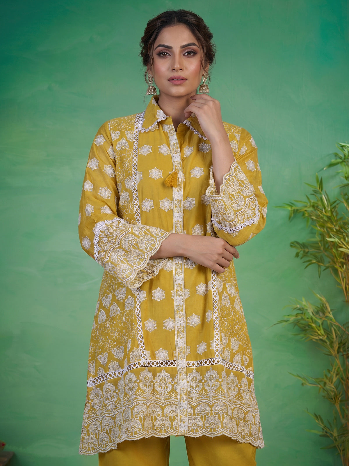 Mustard yellow tissue co ord set with refined Lucknowi work