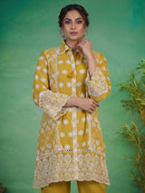 Mustard yellow tissue co ord set with refined Lucknowi work