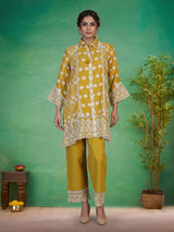 Mustard yellow tissue co ord set with refined Lucknowi work