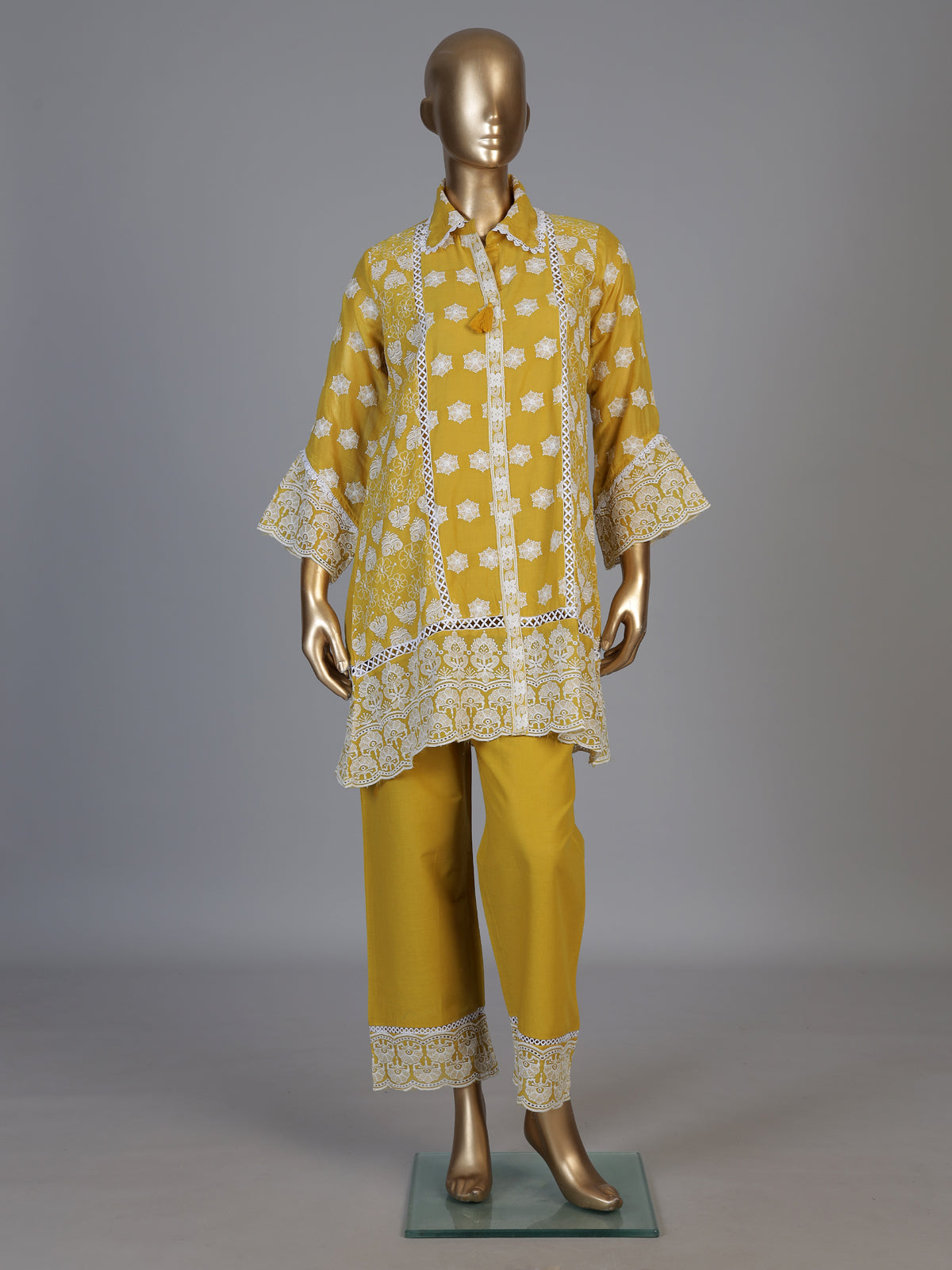 Mustard yellow tissue co ord set with refined Lucknowi work