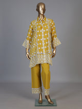 Mustard yellow tissue co ord set with refined Lucknowi work