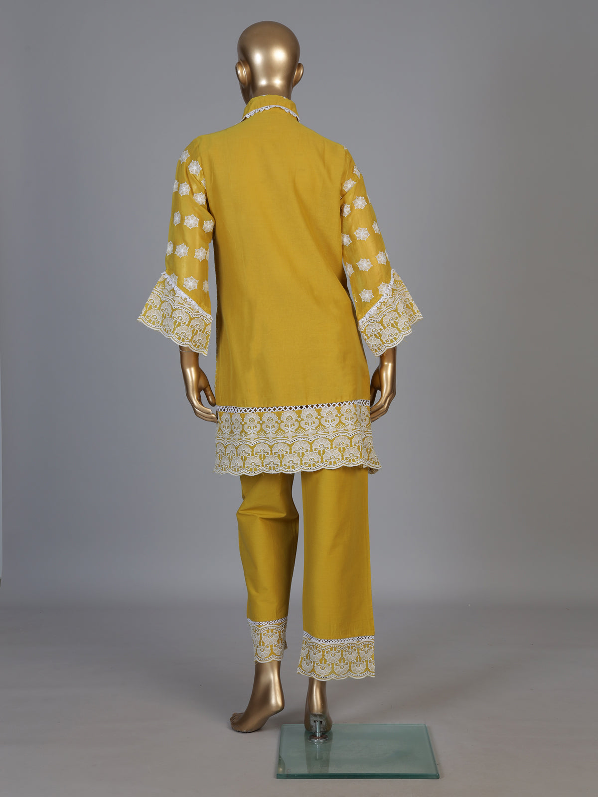 Mustard yellow tissue co ord set with refined Lucknowi work