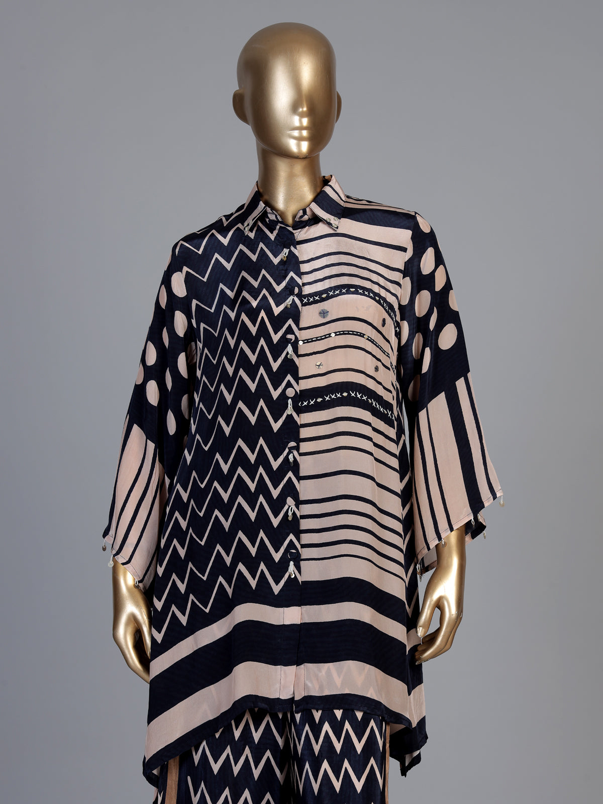 Black crepe silk printed palazzo co ord set with thread work