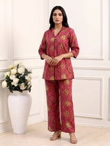 Wine cotton printed palazzo co ord set with coin bead detailing