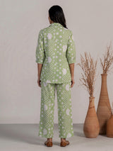 Pista green cotton printed palazzo co ord set with beadwork