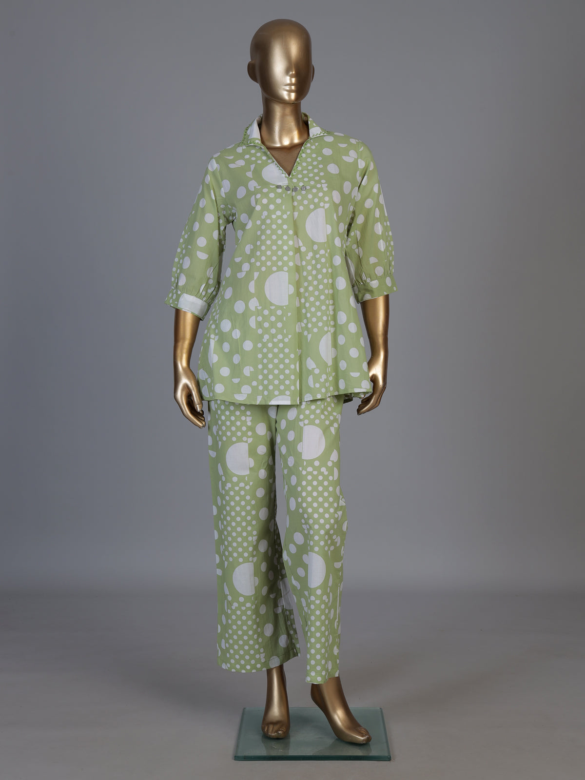 Pista green cotton printed palazzo co ord set with beadwork