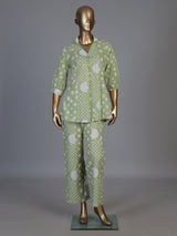 Pista green cotton printed palazzo co ord set with beadwork