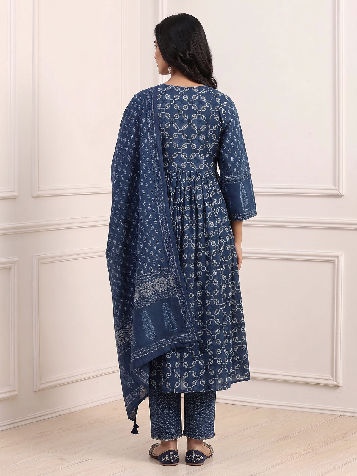 Blue cotton mirror work palazzo kurti set with dupatta