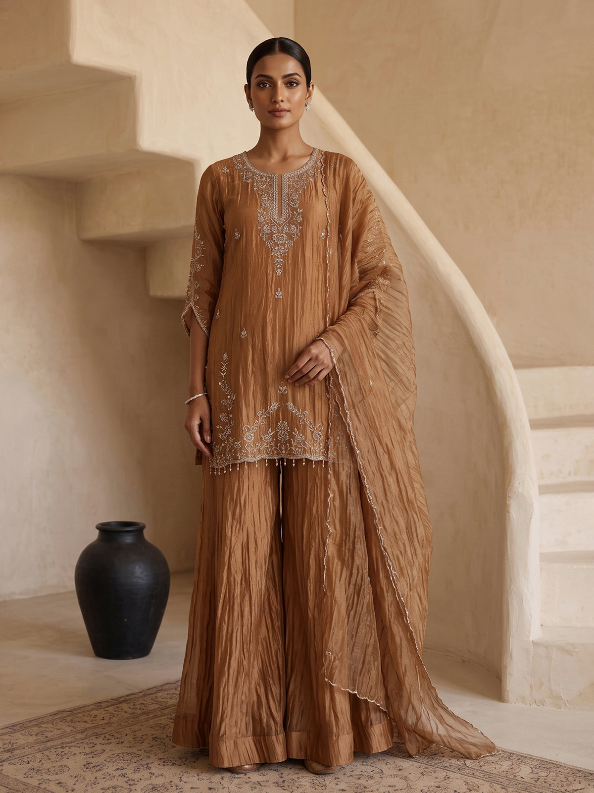 Pastel peach tissue silk embellished palazzo kurti set with dupatta