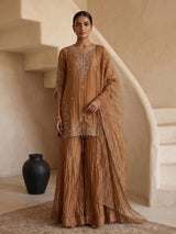 Pastel peach tissue silk embellished palazzo kurti set with dupatta