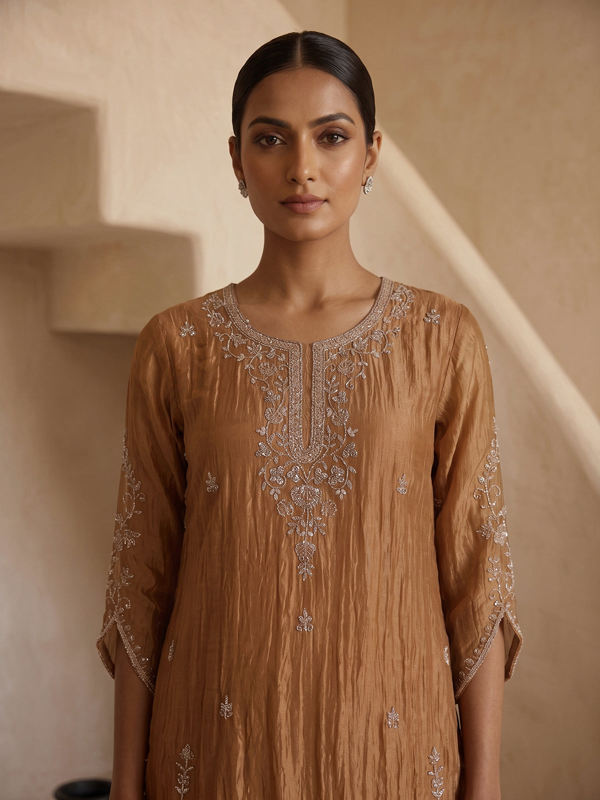 Pastel peach tissue silk embellished palazzo kurti set with dupatta