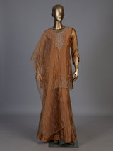 Pastel peach tissue silk embellished palazzo kurti set with dupatta