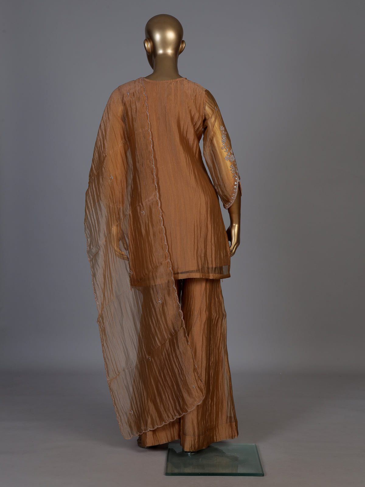 Pastel peach tissue silk embellished palazzo kurti set with dupatta