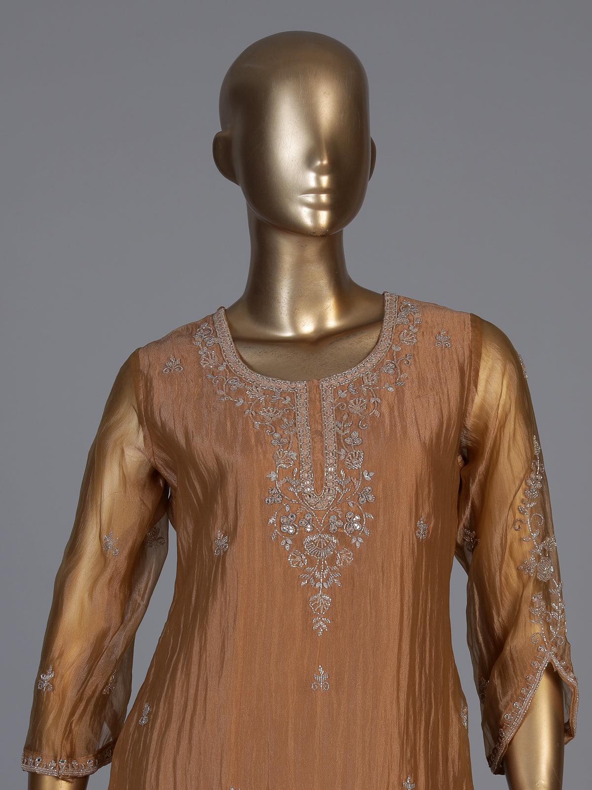 Pastel peach tissue silk embellished palazzo kurti set with dupatta