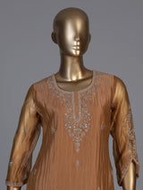 Pastel peach tissue silk embellished palazzo kurti set with dupatta
