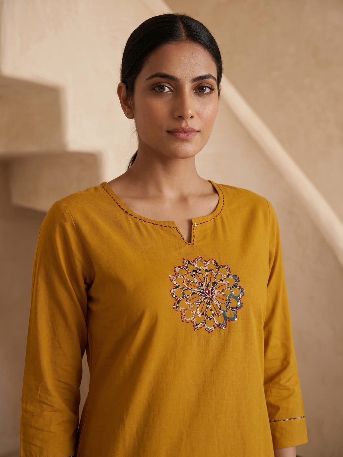 Mustard yellow cotton silk sequined palazzo kurti set with dupatta