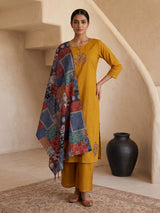 Mustard yellow cotton silk sequined palazzo kurti set with dupatta