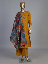 Mustard yellow cotton silk sequined palazzo kurti set with dupatta