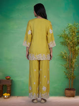 Mustard yellow silk lucknowi work palazzo kurti set for women