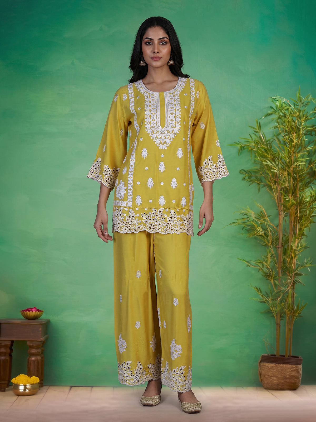 Mustard yellow silk lucknowi work palazzo kurti set for women