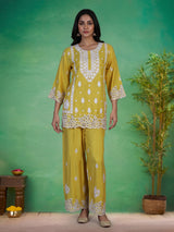 Mustard yellow silk lucknowi work palazzo kurti set for women
