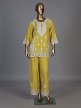 Mustard yellow silk lucknowi work palazzo kurti set for women