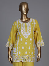 Mustard yellow silk lucknowi work palazzo kurti set for women