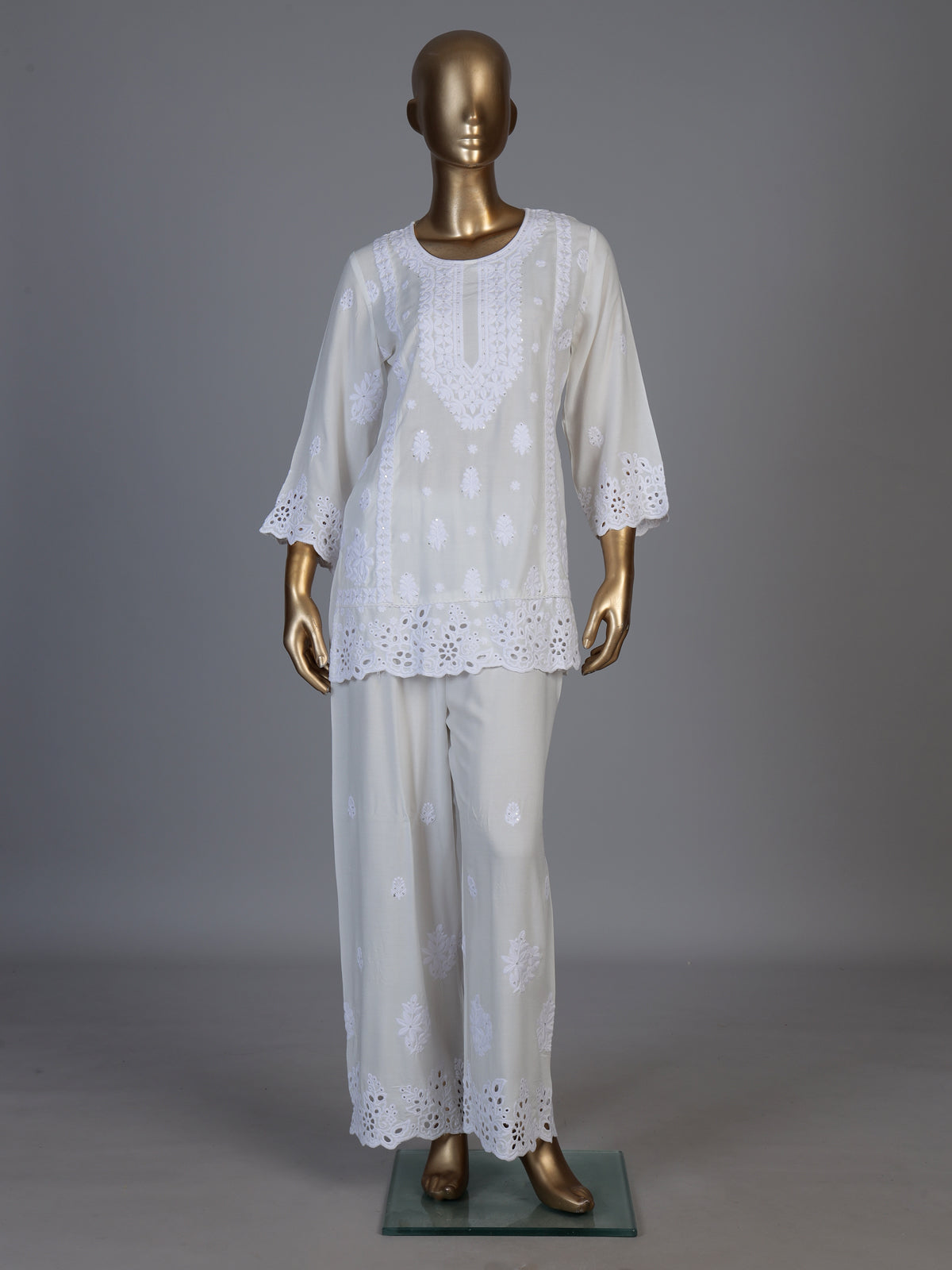 White silk lucknowi work palazzo kurti set for women