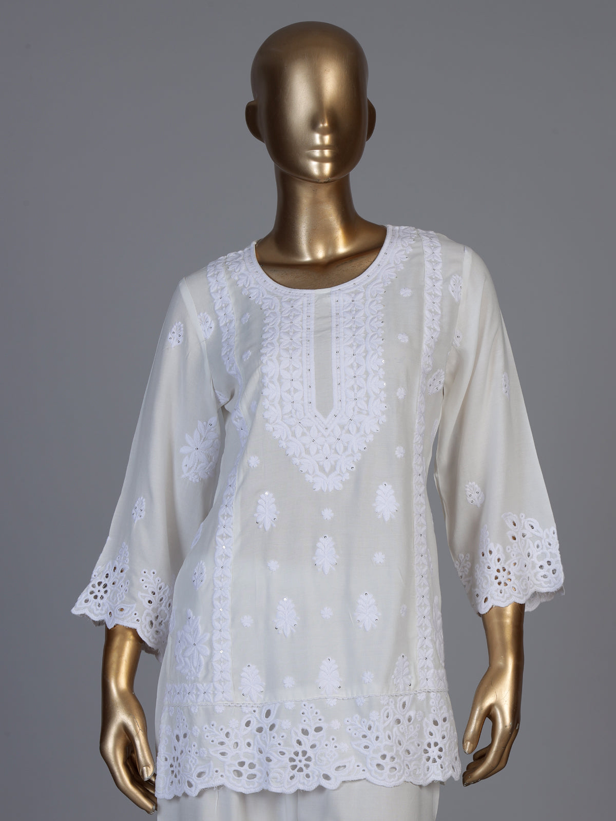 White silk lucknowi work palazzo kurti set for women