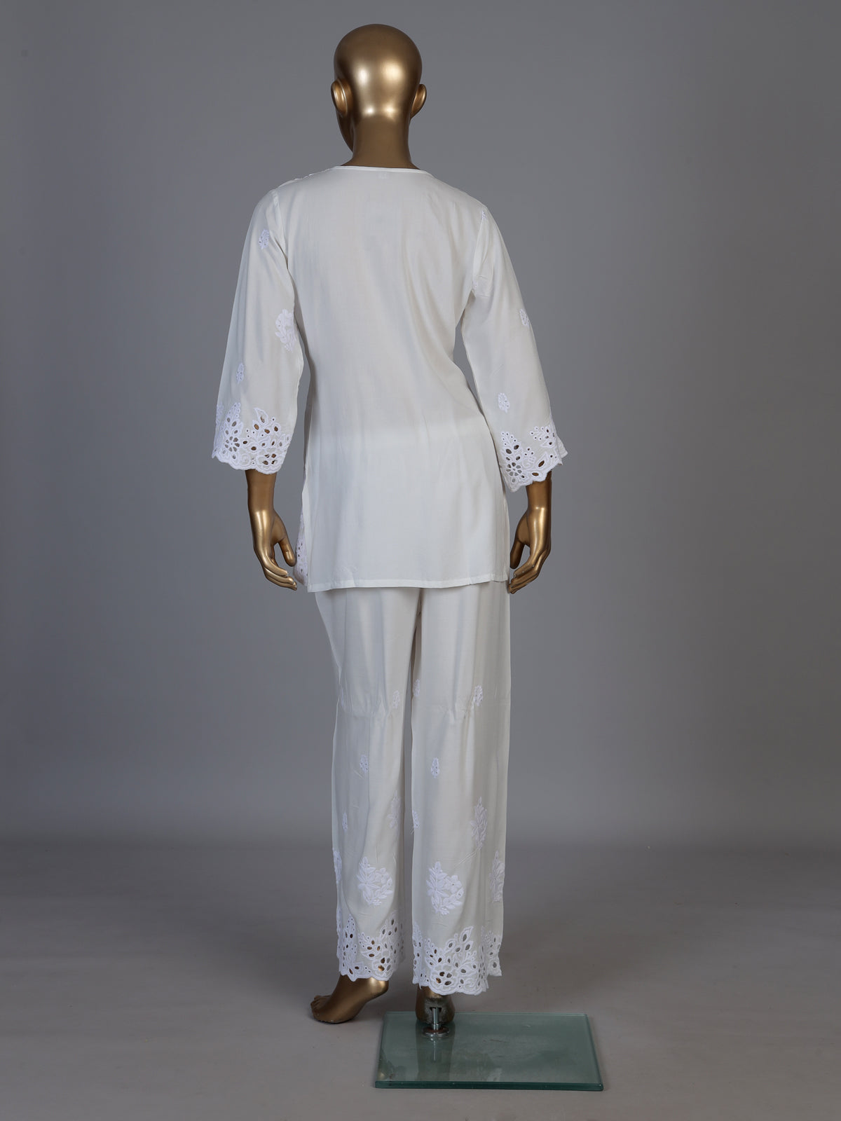 White silk lucknowi work palazzo kurti set for women