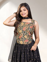 Black printed silk festive lehenga choli for girls