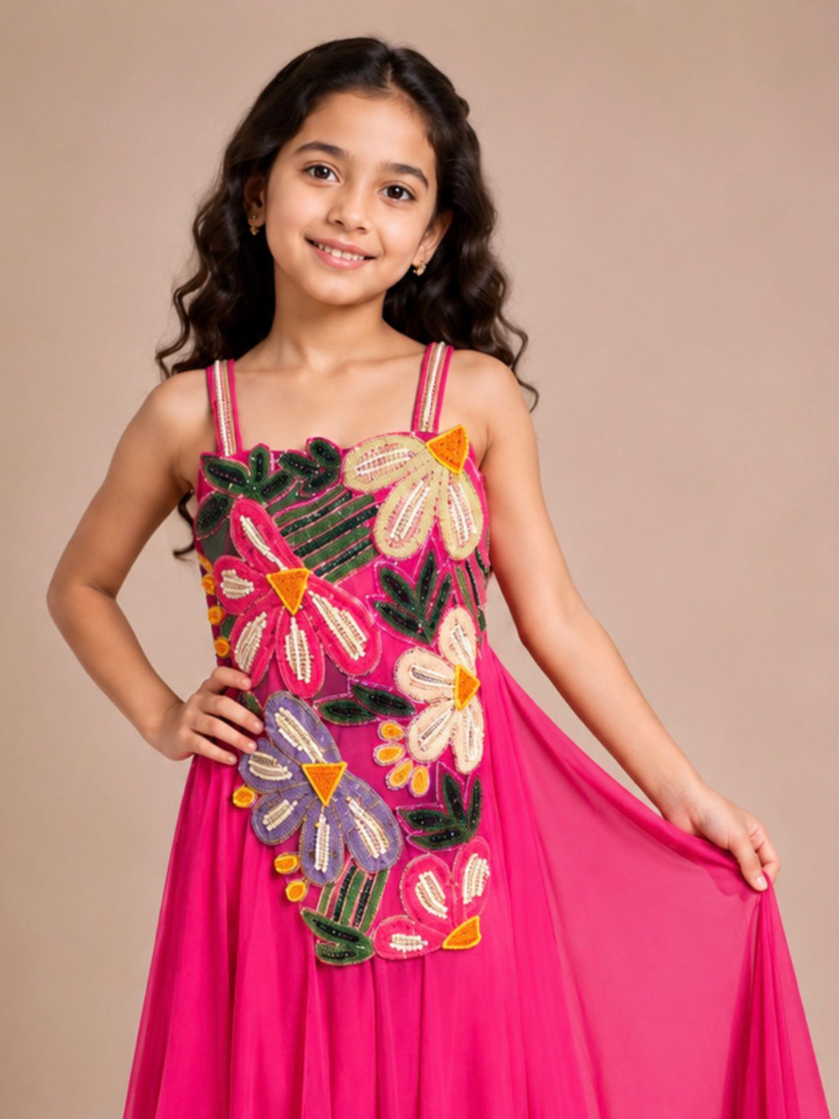 Rani pink georgette chiffon girls palazzo suit with dupatta