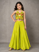 Lime green crepe satin silk halter girls palazzo suit