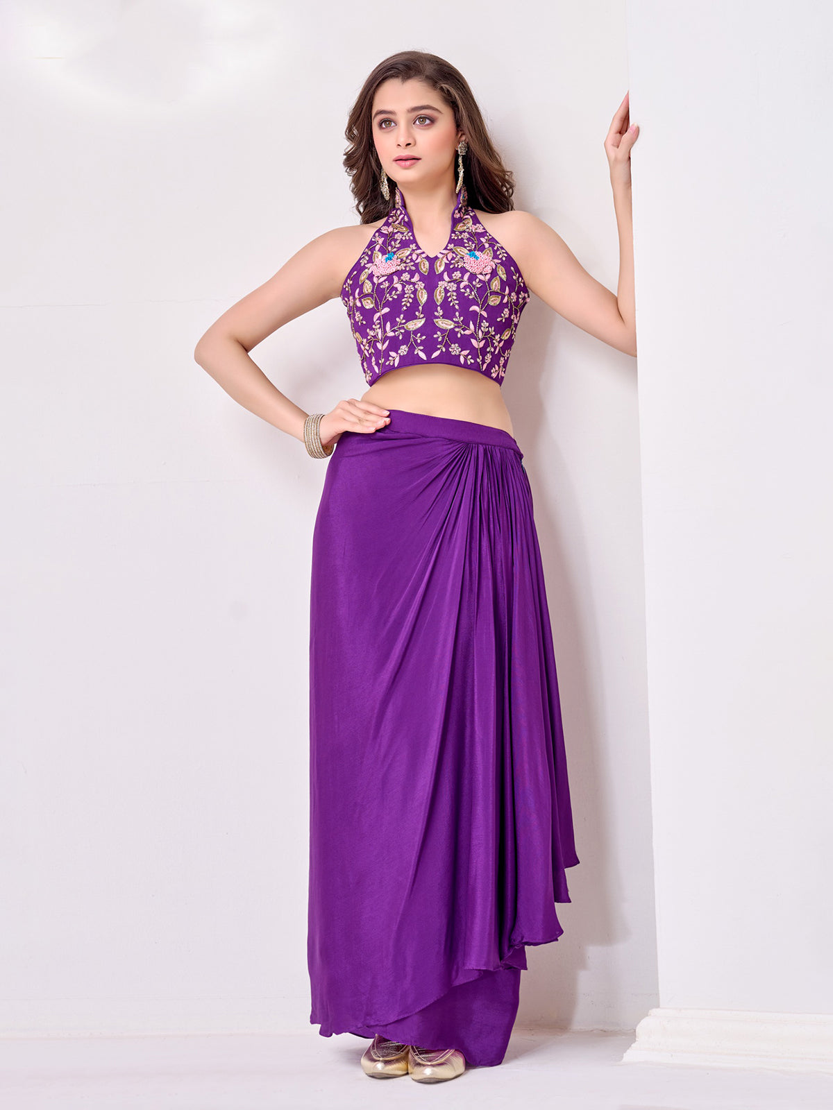Purple satin silk draped skirt girls party outfit