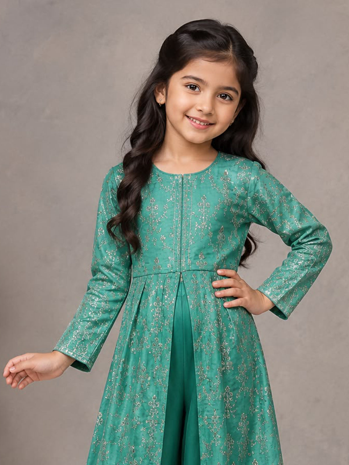 Sea green georgette coat style girls palazzo suit