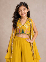 Mustard yellow georgette silk girls palazzo suit with designer shrug