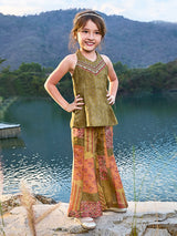 Green printed crepe silk halter girls palazzo suit
